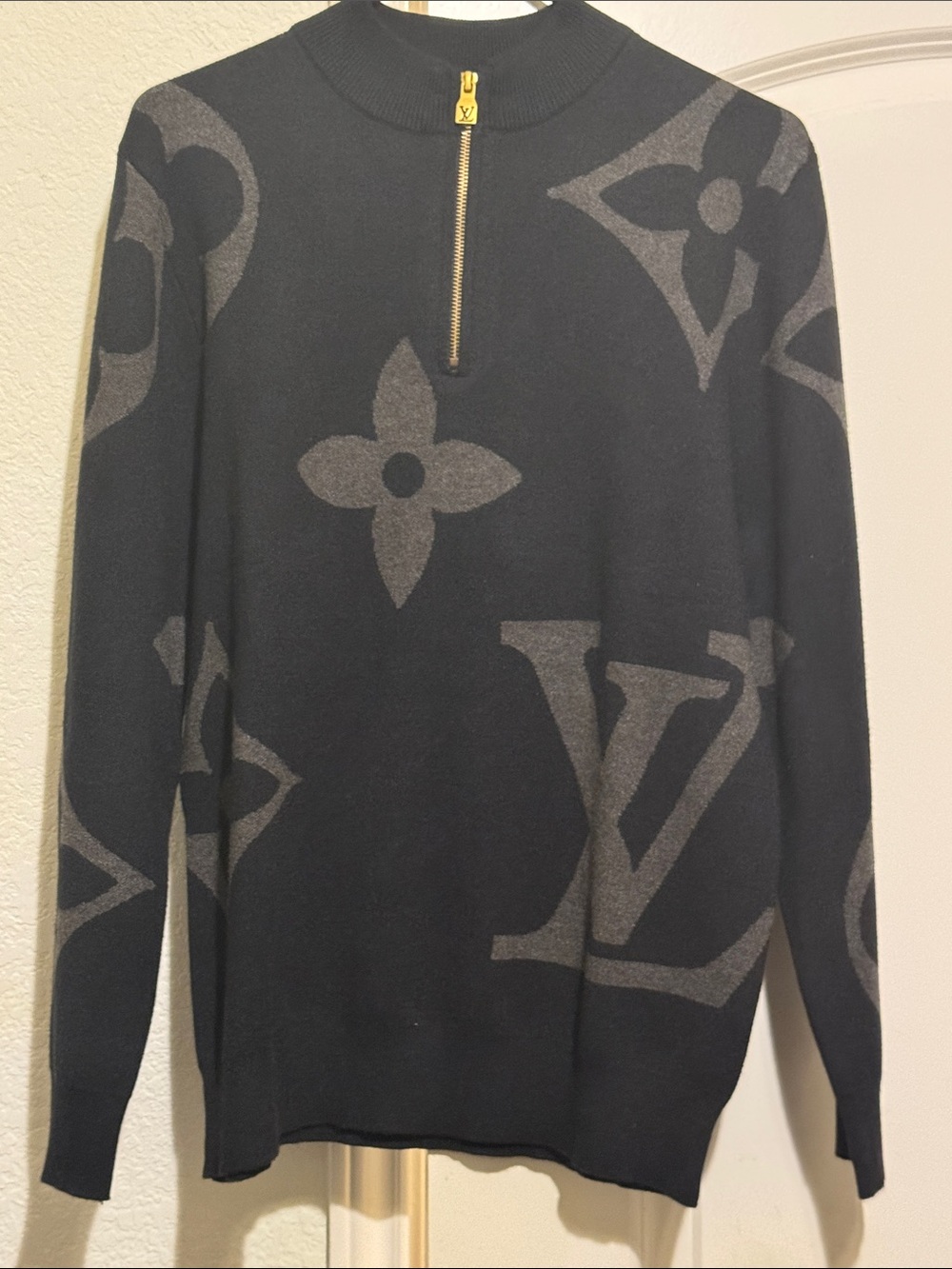 Louis Vuitton Black and Gray Monogram Zip Neck Sweater